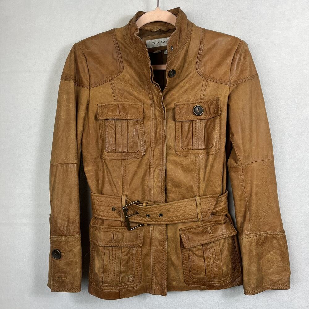 Zara Basic Jacket Women's Size Small Soft Leather Utility Distressed Tan Brown